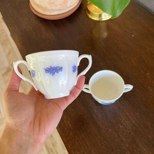 Vintage Elegant White and Blue Double-Handled Teacup